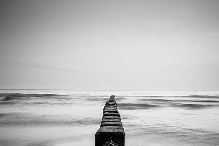 rocks, fog, ocean, sea, black and white, sky thumbnail