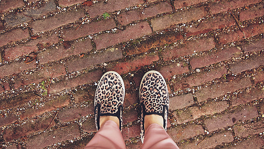person wearing beige-black-and-pink leopard print slip-on shoes over red brick ground thumbnail