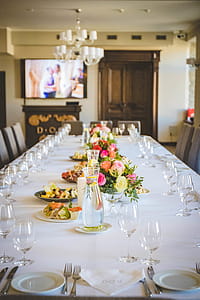 Empty Clear Wine Glass Lot on Table thumbnail