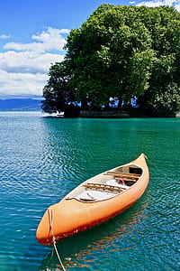 orange kayak near green leafed trees surrounded by body of water thumbnail