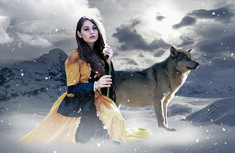 woman sitting near wolf against mountain with snow background thumbnail