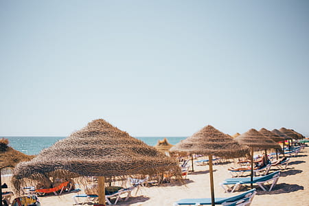 Dry grass beach shades with relaxing tourists thumbnail