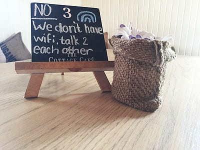 No 3 We Dont Have Wifi Talk 2 Each Other Text on Black Board thumbnail