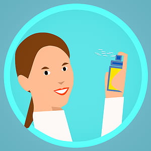 Illustration of woman spraying herself with aerosol spray. thumbnail