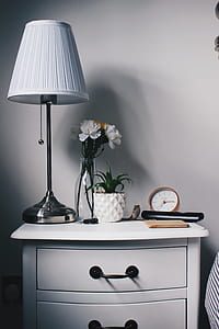 closeup photo of white petaled flowers in vase beside table lamp thumbnail