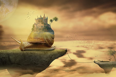 snail castle on floating island during golden hour thumbnail