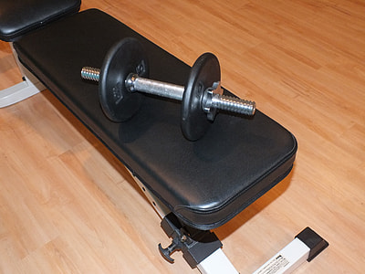 black adjustable dumbbell on bench thumbnail
