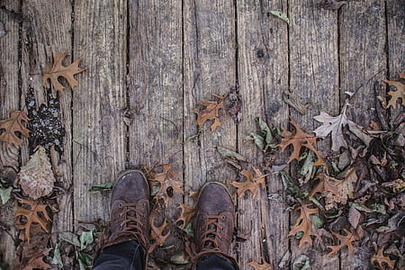 person wearing pair of brown work boots thumbnail