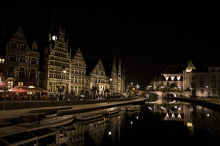 River and cityscape at night in Ghent, Belgium thumbnail