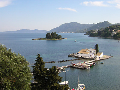 Pontikonisi and Vlacherna Monastery seen from the hilltops of Kanoni in Corfu, Greece thumbnail