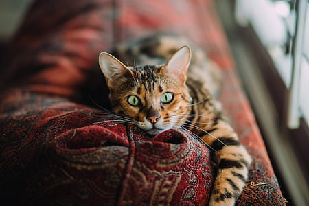 shallow focus photography of orange and black cat laying on bed thumbnail
