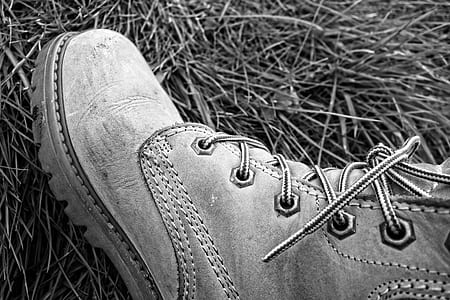 grayscale photo of work boot thumbnail