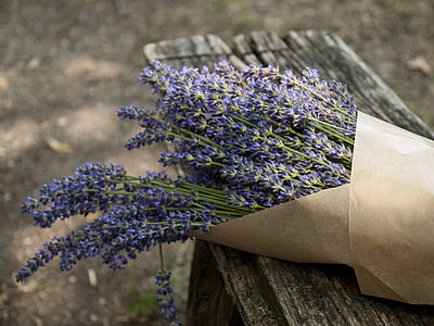 lavender flowers on top of gray wooden bench thumbnail