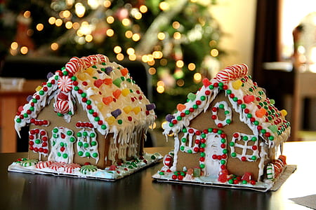 close up photograph of two brown-and-white house fondant cakes thumbnail