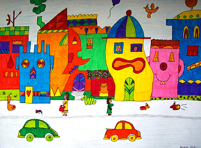 children walking in streets in front of houses painting thumbnail