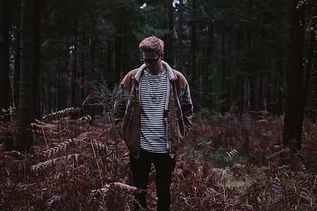 man standing on dried plants in the middle of the forest thumbnail