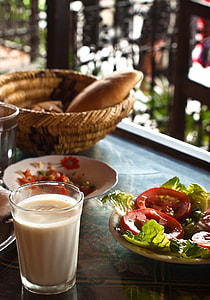 milk with salads and bread on table thumbnail