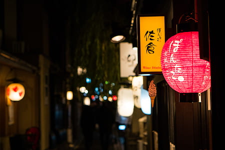 red Chinese lantern turn on at nighttime thumbnail