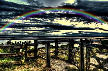 rainbow over horizon during golden hour thumbnail