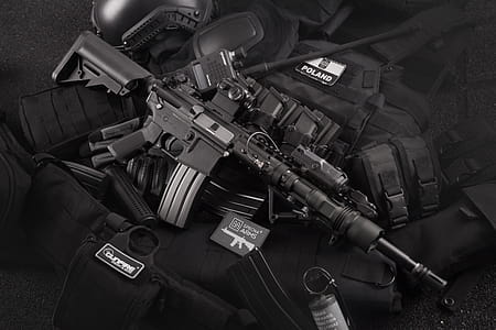 Grayscale Photo of Black M4a1 on Magazines thumbnail