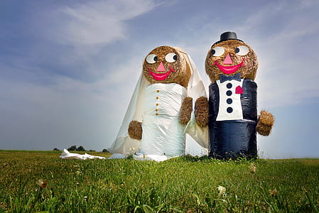 two broom and bride barrel decors on grass field thumbnail