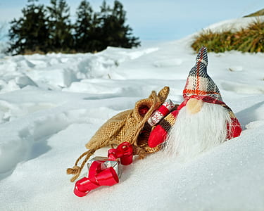 Dwarf plush toy on snow during daytime thumbnail