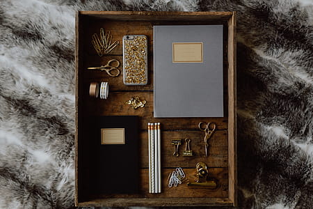 Office accessories on an old wooden tray thumbnail