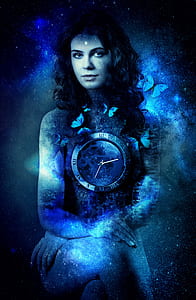 woman surrounded with butterflies with clock in the chest digital wallpaper thumbnail