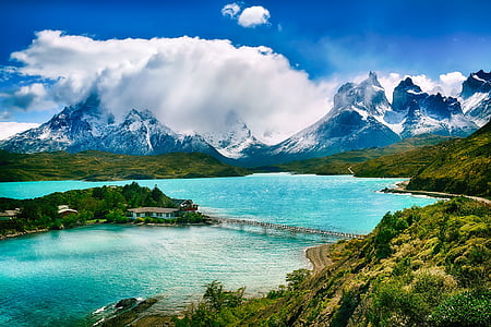 lake with background of mountain covered with white snow thumbnail