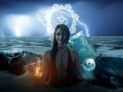 black haired woman with flame and snow on hand thumbnail