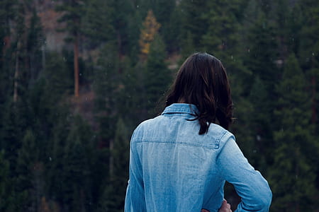 woman in blue chambray long-sleeved shirt thumbnail