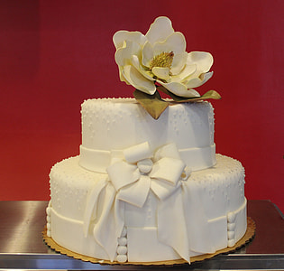white fondant cake with petaled flower on top placed on gray surface thumbnail
