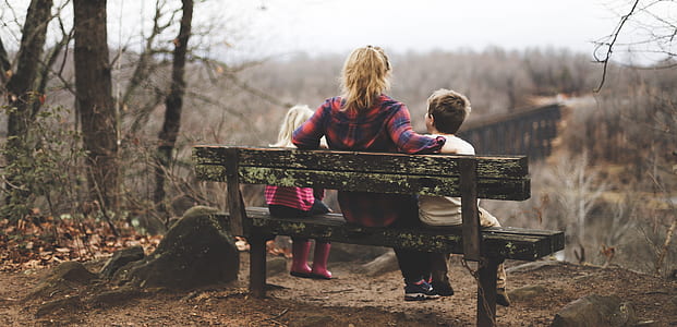 woman and children seat on bench thumbnail