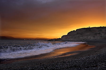 landscape photography of beach under cloudy skies during sunset thumbnail