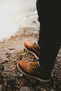 person wearing pair of brown leather shoes thumbnail