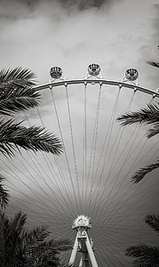 grayscale photography of ferris wheel under cloudy sky thumbnail