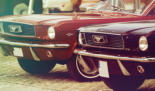 closeup photography of two red and black Ford Mustang Grande during daytime thumbnail