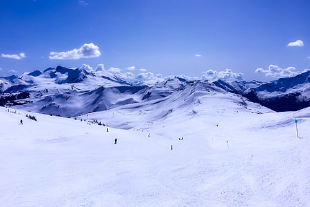 skiers on top of snow mountain under white cloudy skies at daytime thumbnail