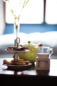 biscuits in tray beside green teapot thumbnail