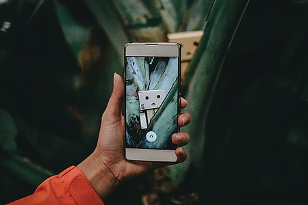 person holding white Android smartphone with black case displaying photo of Danbo thumbnail