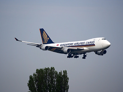 white Singapore Airlines Cargo airliner about to land thumbnail