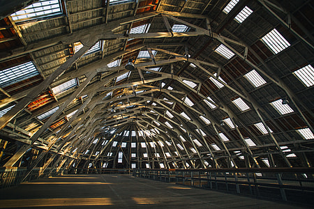 This is a wide angle shot of one of the main wooden buildings at Chatham Dockyard in Kent thumbnail