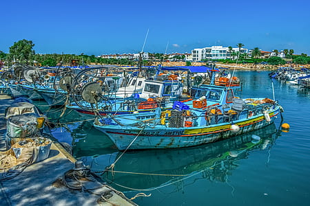 blue fish boat beside dock thumbnail