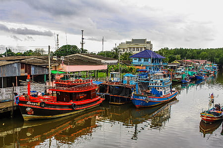 Assorted Color Boats on Body of Water Beside Houses and Trees Under White Sky at Daytime thumbnail