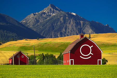 two red wooden houses near mountain under blue sky at daytime thumbnail