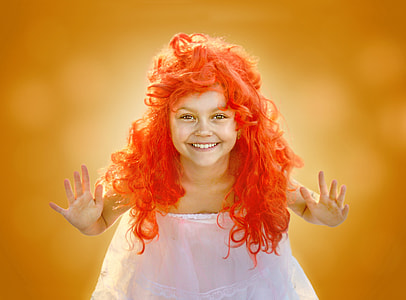 orange haired children and wearing white strapless dress thumbnail