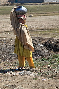 person carrying container on head standing on field thumbnail