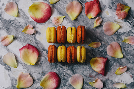 Overhead view of macarons on a marble slab thumbnail