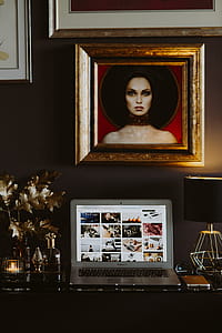 Elegant home office with golden accessories thumbnail