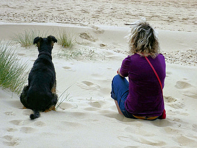 woman sitting on sand beside dog thumbnail